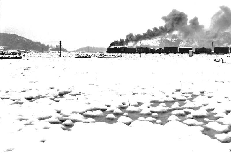 掖上駅を出るＣ５８牽引の貨物列車。3月DL化寸前の姿。