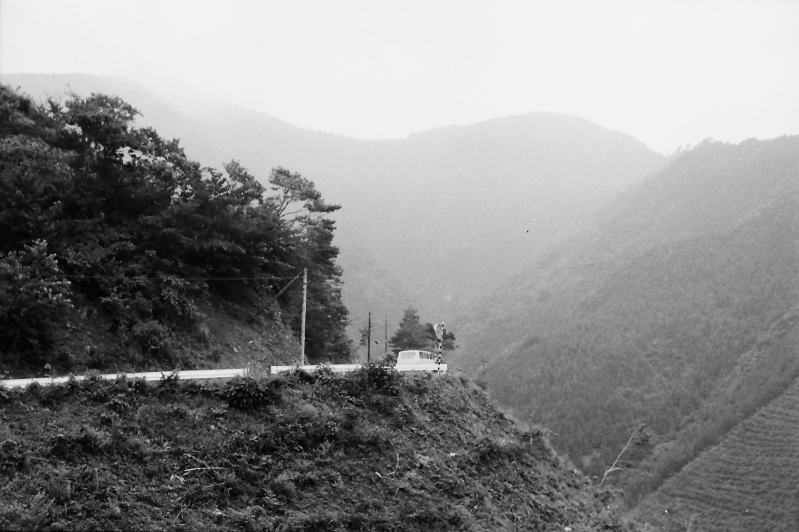 一車線の道路を行く前方の車