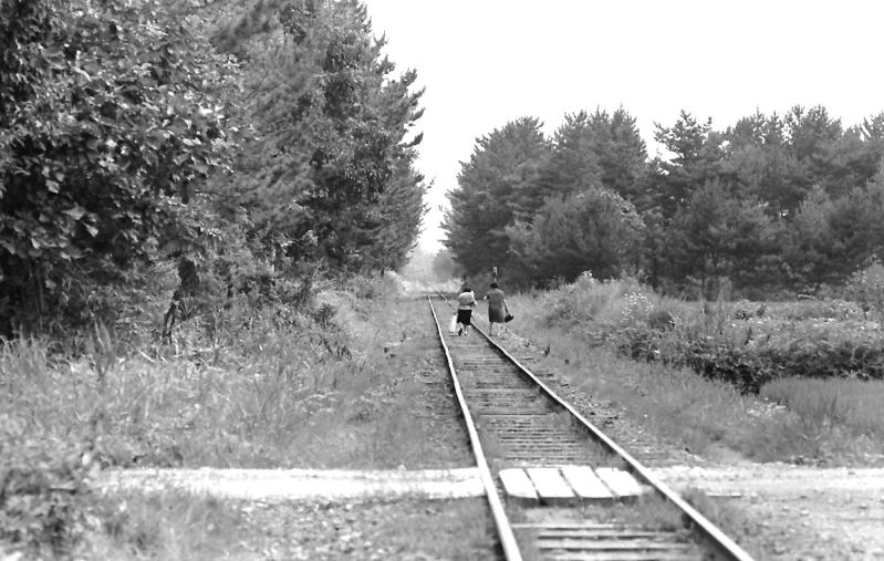 津軽鉄道　毘沙門付近　線路を歩いて行く住民