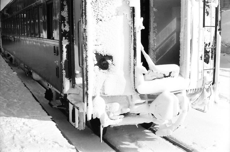 雪がびっしりとまとわりついた客車の後部
