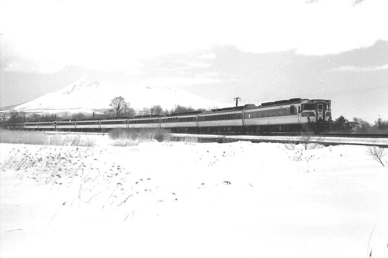 昭和４９年３月。函館本線大沼公園駅付近。キハ８２系の特急おおぞら１号。