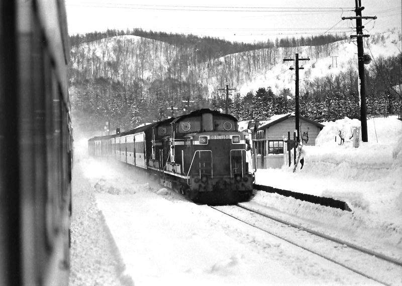 比羅夫駅　雪を舞い上げて通過する急行「ニセコ」<BR>