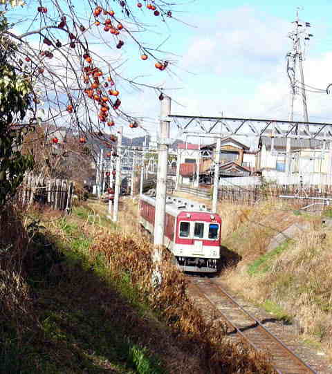 レンガ橋のたもとから。伊賀線の電車。
