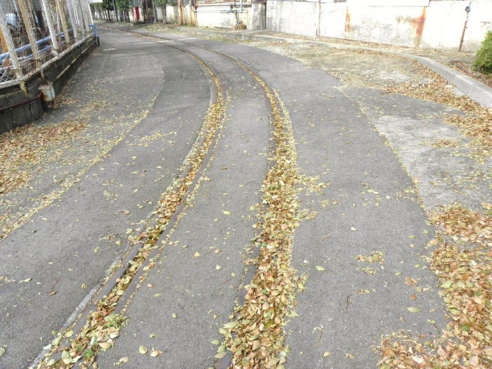 枯葉が積もった引き込み線