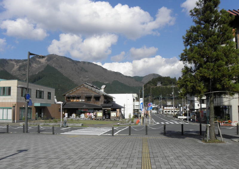 駅の入り口から見た智頭の駅前。